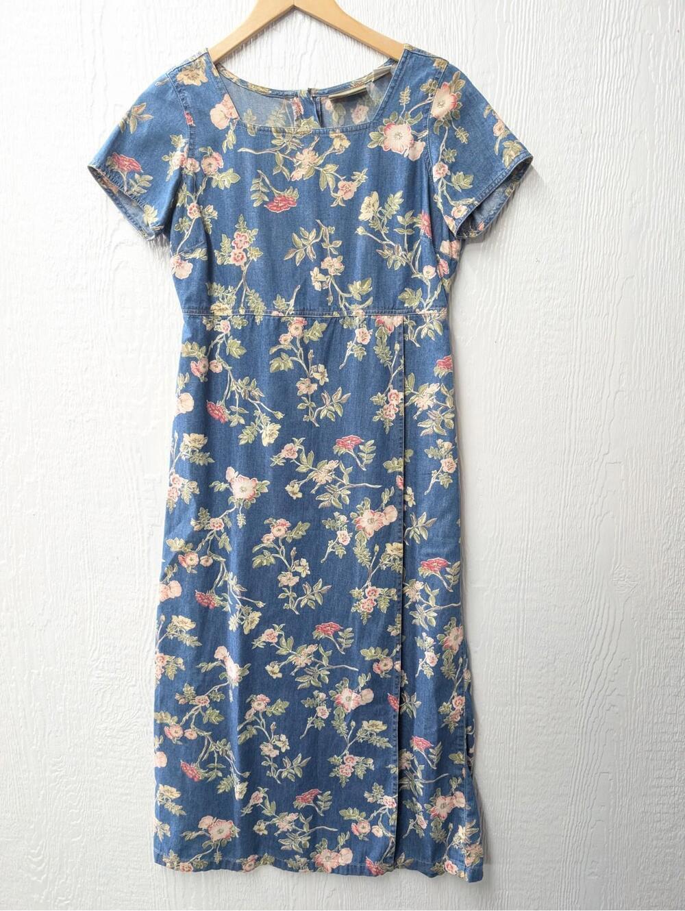 Vintage Liz Clairborne Floral Chambray Denim Dress Cottagecore Romantic 6 Petite
